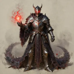a very elegant fantasy oil painting of a fantasy knight and a magical wizard robe made of dragon hide combination, using magic, magic leaking out of them, medieval armor, custom armor design, pointy, the red glows coming through the knight helmet, paint smears, digital art, character design, d & d character, heavy shading, master of fantasy art