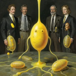 human amoeba mitosis by michal karcz and norman rockwell and gil elvgren and magali villeneuve and gerald brom and greg rutkowski, chiaroscuro!!, solarpunk!, opaque yellow liquid, floating, tendrils, ooze, hyperrealism, surrealism