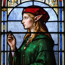 side - view portrait of iorveth, an elf, green coat, red cap, 1 2 th century stained glass window, very masterful and detailed