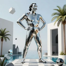 hyperrealistic geometric objects in a surreal minimalistic dreamscape environment by salvador dali, enormous chrome man, highly detailed, 3 d render, octane, beautiful lighting, photorealistic, intricate, elegant, wayne barlowe, water, mirrors, doorway, beautiful, masterpiece, trending on artstation, artgerm, checkered floor, palm tree