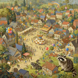 a raccoon village celebrating with balloons, overhead view, village festival, long shot, elegant intricate digital painting artstation concept art by mark brooks and brad kunkle detailed
