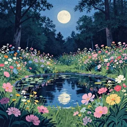 ( ( ( ( ( ( alexander jansson ) ) ) ) ) ), a pond in the forest, moonlight, flower garden summer morning, very coherent and colorful high contrast art, floralpunk screen printing woodblock, dark shadows, pastel color, hard lighting