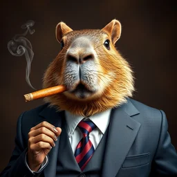 an accurate representation of a capybara wearing a business suit and doing the action of smoking a cigar in his mouth