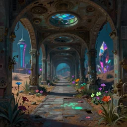 a beautiful detailed painting of abandoned architecture walkway by noah bradley, nature desert cyberpunk tundra flowers uv light at night gem crystal thermal vision water nightvision tron myst sea biopunk dramatic lighting retro forest junglepunk steampunk san andreas alien, archdaily, wallpaper, highly detailed, trending on artstation.