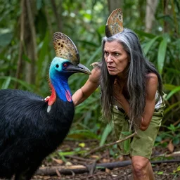 angry middle aged lady fighting a cassowary in the jungle, greek ethnicity, thin face structure, uncombed straight grey black hair, tribalism, photo, realistic, outdoor lighting, 4 k, 8 k, hd, 3 9 mm lens