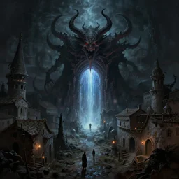 a demonic magical ethereal portal to hell. in a medieval fantasy mediterranean town. dark fantasy matte painting by eddie mendoza and eytan _ zana