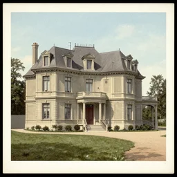 high - quality photograph of a second empire style house, photocrom print, postcard, 1 9 0 9.