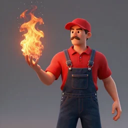 a man wearing a red shirt, red cap, throwing fire by the hand, overalls, studio photography, moustache, photo, 3 d render, vfx