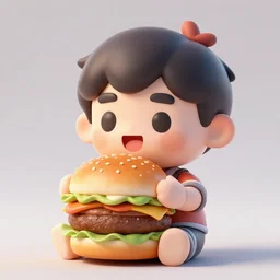 3D rendering of chibi character eating a hamburger, octane render, 8k, trending on artstation