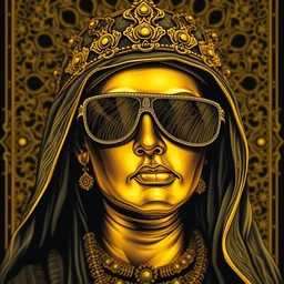 detailed umm kulthum golden statue wearing sunglasses, by james gurney + intricate and vibrant gold line work + tarot card + mandelbulb fractal + full of black layers + portrait + trending on artstation + incredible gold and black gothic illustration + exquisite detail