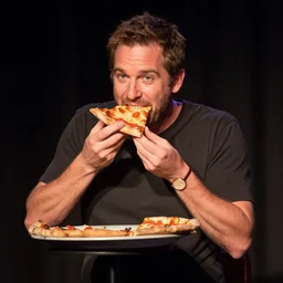 dave chapelle biting into a slice of pizza at on stage at a comedy club