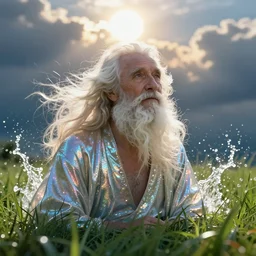 a portrait of an aquatic shiny glowing eldery man in heaven, grass, splash, sun, unreal engine, octane render, digital art.