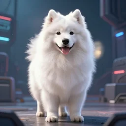 samoyed dog as a sci fi detective, cyberpunk, concept art, digital art, lens flare