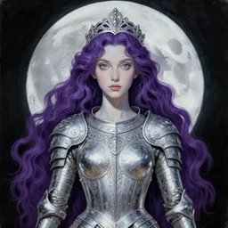 painting of prophetess of the moon, silver filigree armor and tiara, moon above head, purple wavy hair, smooth translucent skin, wide striking eyes, beautiful! coherent! symmetrical body, by brom, by junji ito, by brian froud, strong line, high contrast, muted color, preraphaelite style, 4 k, trending on artstation