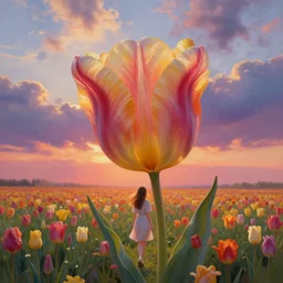 large tulip head, girl walking in a flower field, surreal photography, sunrise dramatic light, impressionist painting, colorful clouds, digital painting, artstation, simon stalenhag, flower face