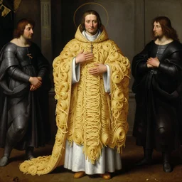 full body image of a catholic priest wearing clothes made of spagetthi, spagetthi fractal armor, highly detailed, by giuseppe arcimboldo and ambrosius benson, renaissance, romanticism, intricate and intense oil paint, a touch of beksinski and takato yamamoto, realistic