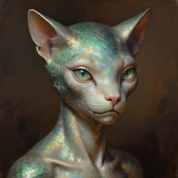 detailed portrait in femininity, alien, feline, realistic face sculpted features, large clear eyes, statuesque model, opalescent skin, metallic hair, warm glow, bathed in light, chiaroscuro, shimmering scales, biomorphic, organic impressionism, dappled backdrop, deep rich tones, burnt umber and emerald color palette, painterly