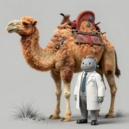 hyperrealist cell - shaded studio ghibli cartoon of a grey scientist and a giant camel from howl's moving castle ( 2 0 0 4 ).