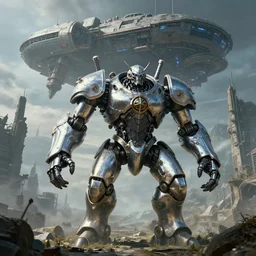 highly detailed elden ring portrait photo of a huge chrome plated robotic golurk in scenic dystopian environment. an even bigger massive mothership lifts off in the background, hyperrealistic illustration by william didier - pouget