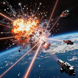 Movie scene of a huge space battle near Earth, with explosions and lasers shooting, hyperdetailed, artstation, Cyclces4D, cgsociety, 8k