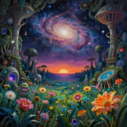 a beautiful detailed painting of nature urbex sanctuary by b. v. doshi, cosmic at dawn mars galactic flowers lightpaint thermal vision meadow uv light universe extraterrestial junglepunk bioshock, archdaily, wallpaper, highly detailed, trending on artstation.