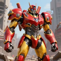 a shiny ornate boxing humanoid mecha in ruin city, victory, bright, by war robots, real steel ( 2 0 1 1 ), westworld and eve venture and pacific rim and machine warrior 5, cryengine, frostbite 3 engine, scarlet and yellow scheme, sharp focus, 8 k, high definition, insanely detailed, soft lighting, smooth face