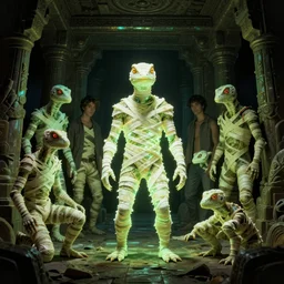 reptile mummy monsters in a glowing ancient tomb. pulp sci - fi horror by basil gogos, vincent difate, sanjulian, and emsh. dark background