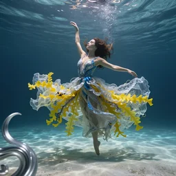 jennifer connelly dancing underwater wearing a very long flowing dress made of many translucent layers of silver and blue lace seaweed, bolts of bright yellow fish, caustics lighting from above shines on the sandy bottom, large swirling silver shapes in the foreground and background, octane render, cinematic, hyperdetailed