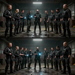 no border 3 panel graphic novel layout two groups of thug gangs standing in front of each other, wearing black tactical outfits and weapons, are making a trade of glowing technology, inside a dim lit warehouse with wet floor, space western aesthetic, cinematic composition, cinematic colors, 3 5 mm lens, roger deakins style, realistic, imax quality photorealistic graphic novel layout by michael komarck, greg