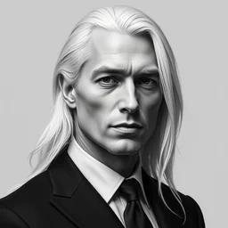 black and white - portrait of a man wearing black business suit, english face, refined features, moon goddess, long snow - white hair by jean gerome, edward hopper and jenny saville and james jean, hyper detail, 8 k, high resolution, ultra detailed
