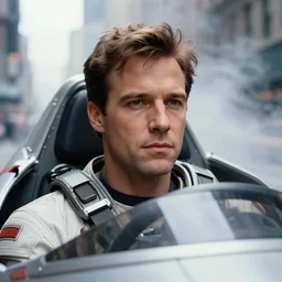 closeup portrait of a man piloting a spaceship in a smoky new york street, by Annie Leibovitz and Steve McCurry, war of the worlds, sci-fi, natural light, detailed face, CANON Eos C300, ƒ1.8, 35mm, 8K, medium-format print