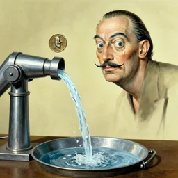 a stream of water entering a humanoid machine and producing a coin in the style of Dalí