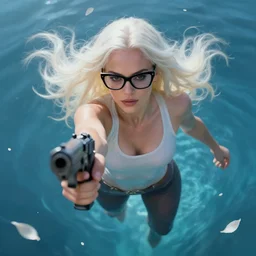 a beautiful + blonde + dragon queen + white hair + cool black glasses + holding pistol + tights + ana de armas + 0 0 7 films, floating under the deep dream water, beautiful smooth soft light + white petal, oil paint, cinematic lighting, octane render, unreal engine 5, closeup, 4 k, highly detailed, instagram,