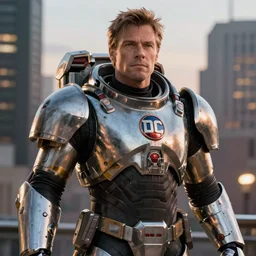VFX movie still frame portrait powerful DC vs. Marvel hero space marine natural skin, hero pose, natural evening light in the city by Emmanuel Lubezki