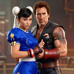 nicolas cage holding chun li from street fighters 5, ue 5 rendering, farcry.
