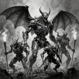 b & w inks of 4 character, tiered pet bat cyborg hydrocracking battles, medical chromed, dystopian, by wayne d barlowe, h r giger, simon bisley, enric torres, hyper realism, narrative light, muted colors, epic, hyper detailed, awe inspiring, award winning horror, torch lighting, hyper realism, cinematical