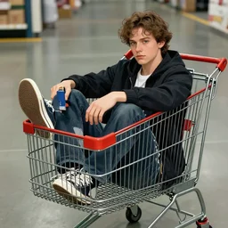nick valentine is sitting in a shopping cart, realism, stylization of art