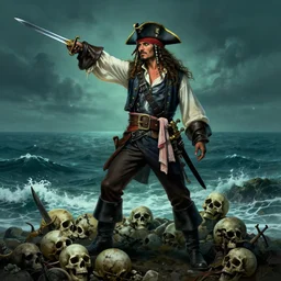 an epic hyperrealistic fullbody portrait of a pirate captain in masculine pose standing on a pile of skulls and pointing his sword to the horizone over the sea. by boris valejho in style of waldemar von kozak. trending on artstation. deviantart. darkfantasy pirate portrait illustration.