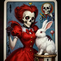 Hungry Queen of Hearts with White Rabbit, Death Tarot card,highly detailed,half skull face,cinematic,8k,by Stanley Artgermm,Tom Bagshaw,Greg Rutkowski,Carne Griffiths, Ayami Kojima, Beksinski, Giger,trending on DeviantArt,hyper detailed,horror, full of colour