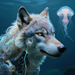 portrait of partially formed wolf head + bio life forming with a cybernetic brain and mechanical parts, luminous neon cables, draped with silicon tissue, mechanical parts, silicone and bones, wires + caustics + filmic, realistic, wet, prismatic, jellyfish + depth of field + ghost in the sheel, future, cyberanimal, cybernetic, biotechnology, cyborg + closeup, wide angle, macro shot, microscopic, toned colors # underwater portrait