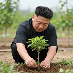 kim jong - un planting a small tree in a garden, photorealistic, ultra detailed, high resolution, 8 k