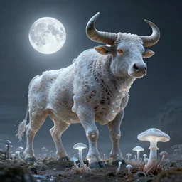 a theriomorphic holobiont, mushroom, concept art, mycorrhiza, bull with horns, moon, translucidluminescence, intricate, kim jung gi, james jean, shaun tan, meridians, organic detail, cinematic, epic wide shot, ultra detailed, sharp focus, smooth, global illumination, photorealistic, 8 k render