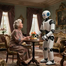 VFX movie of old women helping a served by humanoid assistant robot in a decadent living room by Emmanuel Lubezki