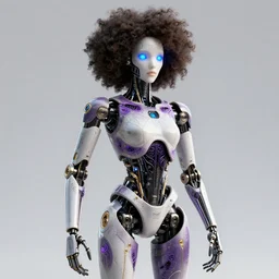 complex 3 d render of a cyborg droid with glowing blue eyes. purple gold and black and white, fractal veins. afro cyborg, 1 5 0 mm, beautiful natural soft light, rim light, gold fractal details, fine lace, mandelbot fractal, anatomical, glass, facial muscles, elegant, ultra detailed, metallic armor, octane render, depth of field
