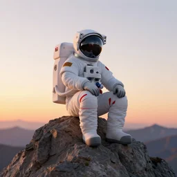 3d render by skeeva of an astronaut hopelessly waiting on top of a mountain, sunset, photorealistic, 8k,