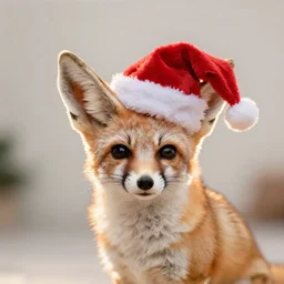 a close up, studio colour photograph of a fennec fox wearing a santa hat, dramatic backlighting at golden hour, wide angle 15mm lens