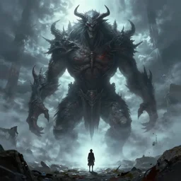 tall humanoid mythical monster looming over a tiny human in an epic landscape, ethereal fantasy, blooodborne, artstation, agostino arrivabene, james gurney