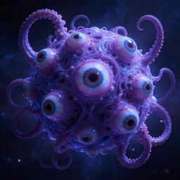 A view from space of an Eldritch Organic Planet of The Void made of eyeballs and tentacles, Purple and Blue colored, 4k, masterpiece, cinematic, glowing, by Greg Rutkowski, Trending on Artstation, Behance. Polished, Volumetric Lighting