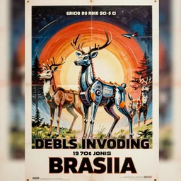 vintage 1 9 7 0 s sci - fi movie poster of cybernetic deers invading brasilia, art by peter jones