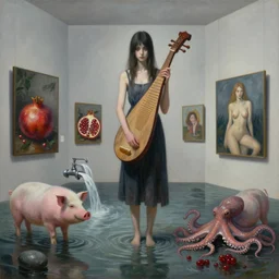 painting of a flooded art gallery, painting of a tall emo girl holding a koto, paintings on the wall, pomegranates, waterfall, faucet, pigs, octopus, berries, stones, sensual, surrealist, by magritte and monet